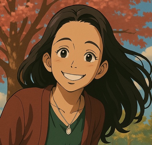 Anitha Moorthy smiling with fall color trees in the background